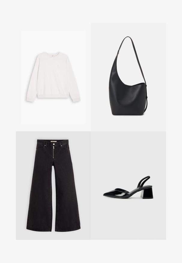 Bijela majica s okruglim izrezom i dugim rukavima, s rebrastim manžetama. Izrađena od mekanog materijala, s malim logotipom na prsima. Minimalistički dizajn.; Široke traperice od crnog denima s prednjim zatvaračem, dizajnom s pet džepova i suptilnim detaljima šivanja. Glatka tekstura i ležeran stil.; Crne lakirane kožne sandale s otvorenom petom i špicastim vrhom, s geometrijskom blok petom. Imaju elegantan, minimalistički dizajn i glatku teksturu.; Crna kožna hobo torba s glatkom teksturom, zakrivljenim oblikom i jednom podesivom trakicom; ima širok otvor na vrhu.