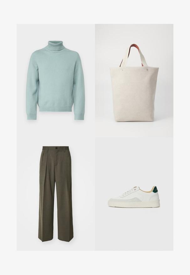 Paul & Joe UANAMOUR - Jumper - vert deau; Light beige t-shirt made of cotton, featuring a large embroidered eagle logo in grey and black on the chest. Short sleeves, relaxed fit.; Filippa K WIDE TROUSERS - Trousers - driftwood; White sneaker with suede accents, rounded toe, flat laces, and a cream rubber sole. Features green branding on the heel.; Tote bag in light beige fabric with a textured finish, featuring two contrasting brown leather handles and metal accents at the top.