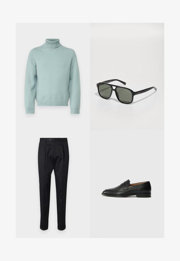 Paul & Joe UANAMOUR - Džemper - vert deau; Mustad püksid siledast kangast, millel on ees voldid, nööbisuletus ja pahkluul keeratud varrukad.; Must musta loafers ümarate varvastega, peene tikandiga ja madala kontsaga, millel on sile tekstuur ja minimalistlik disain.; Mustad mustad prillid roheliste läätsedega, läikiv raami, metallist detailide ja kuldse logo aktsendiga templis.