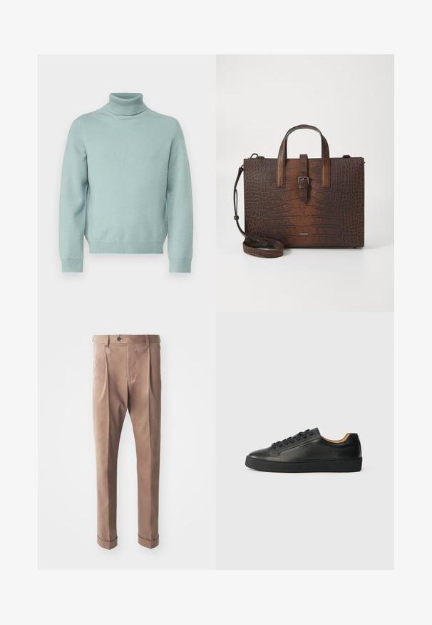 Paul & Joe UANAMOUR - Vesta - vert deau; Kaki hlače od teksturirane tkanine, s visokim strukom, nabranim detaljima i zarolanim manžetama, te jednim kopčanjem na struku.; Crne niske kožne tenisice s teksturiranim površinom, crnim vezicama i debelim gumenim potplatima, prikazane sa strane na svijetloj pozadini.; Smeđa kožna torba s uzorkom krokodila, s gornjim ručkama i odvojivim remenom za rame. Ima kopču kao zatvaranje i pravokutni oblik.