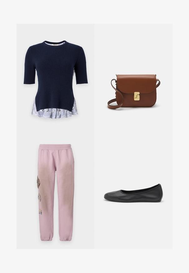Mornarsko modra pulover s rebrastim vzorcem, kratkimi rokavi in plastovitim belim in modrim prugastim volanom z cvetličnimi izrezi. Mehka tekstura, sproščen dizajn.; Roza trenirka z elastičnim pasom, ki ima okrasne obliže v obliki diamantov na levi strani in elastične manšete na gležnjih.; Črne usnjene balerinke z zaobljenim nosom, gladko teksturo, minimalnimi šivi in fleksibilno zasnovo podplata.; Rjava usnjena torbica s poklopcem, zlato obarvani okovi, naramnica in gladka tekstura. Kompaktna pravokotna oblika.