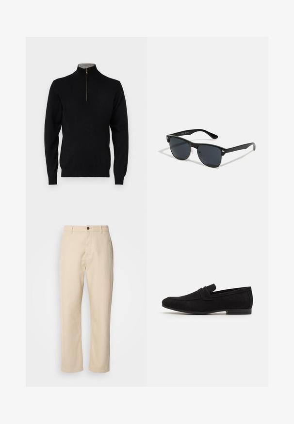 Davida Cashmere MAN HALF ZIP - Jumper - black; Beige cotton pants with straight legs, a front button closure, side pockets, and a smooth texture. Minimalist design, no visible patterns.; Black suede loafers featuring a stitched seam, flat rubber sole, and a small front flap. The design is minimalist and streamlined.; Black sunglasses with a rectangular shape, dark lenses, silver accents at the temples, and a matte finish on the frame.; Five silver rings: one with a black circular detail, one with a white and black geometric pattern, and others with various shapes and finishes.