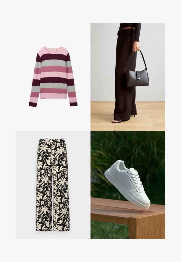 Gestreifter Pullover aus weichem Material, in verschiedenen Schattierungen von Pink, Burgunder und Grau. Rundhalsausschnitt mit langen Ärmeln, lockere Passform.; Schwarze weit geschnittene Hose mit einem cremefarbenen Blumenmuster. Hergestellt aus leichtem Stoff, mit einer glatten Textur und einem hohen Bund.; Weiße Sneaker mit einem glatten, synthetischen Obermaterial, perforierter Zehenbox, flachen Schnürsenkeln und einer strukturierten Sohle, präsentiert auf einer Holzoberfläche.; Schwarze Handtasche mit strukturierter Form, glatter Textur und einem metallischen Verschluss. Kombiniert mit weiten schwarzen Hosen und offenen Sandalen auf einem Holzboden.