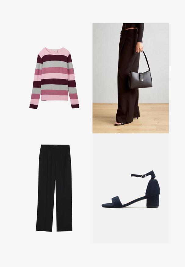 Jersey de rayas hecho de tejido suave, con diferentes tonos de rosa, burdeos y gris. Cuello redondo con mangas largas, corte holgado.; Pantalones negros con un diseño de pierna recta, que cuentan con dos bolsillos frontales y una cinturilla. Fabricados con una tela suave y ligera.; Sandalia de gamuza azul marino con una amplia tira frontal, tira en el tobillo ajustable y un tacón cuadrado. Textura suave con un diseño minimalista.; Bolso negro con forma estructurada, textura suave y un cierre metálico. Combinado con pantalones anchos negros y sandalias de dedo en un suelo de madera.