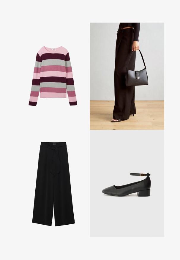 Pull à rayures en tissu doux, composé de nuances variées de rose, bordeaux et gris. Col rond avec manches longues, coupe ample.; Pantalons larges noirs en tissu texturé, avec une taille élastique et une ceinture à nouer amovible à la taille pour un ajustement variable.; Escarpin en cuir noir avec un bout pointu et un petit talon bloc. Doté d'une bride de cheville avec une boucle dorée. Texture lisse.; Sac à main noir à la forme structurée, texture lisse et fermoir métallique. Associé à un pantalon noir ample et des sandales ouvertes sur un sol en bois.