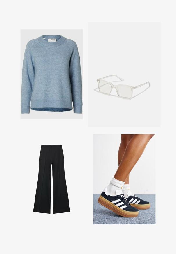 Light blue sweater made of soft knit material. Features a crew neckline, long sleeves, and ribbed cuffs and hem. Simple design with no patterns.; Black wide-leg pants with a smooth texture, featuring front pleats and a tailored design. The fabric is lightweight and flowy.; Black suede sneakers with white stripes and accents, rounded toe, gum rubber outsole, paired with white ribbed crew socks.; Clear plastic square-frame glasses with translucent lenses, featuring gold accents on the temples for added detail.