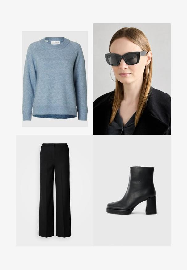 Vaaleansininen neulepaita, joka on valmistettu pehmeästä neuloksesta. Ominaisuuksiin kuuluu pyöreä kaula-aukko, pitkät hihat sekä resorit hihansuissa ja helmassa. Yksinkertainen muotoilu ilman kuvioita.; Mustat leveät housut, joissa on sileä kangas, korkea vyötärö, muotoillut saumat ja minimalistinen muotoilu. Ei näkyvää varustusta tai taskuja.; Musta nahkasaapas nilkkapituisena, jossa on paksu korko ja alustapohja, nähtynä sivulta yksinkertaisella valkoisella taustalla.; Mustan kissakuvioisen aurinkolasit tummilla linsseillä, paksuilla kehyksillä ja hillityillä yksityiskohdilla. Yhdistetty mustaan takkiin ja harmaaseen paitoihin, joissa on pitkät suorat hiukset.