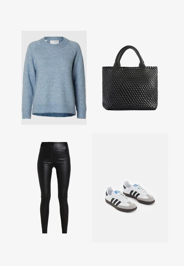 Svijetloplava pulover od mekog pletenog materijala. Ima okrugli izrez, duge rukave i rebraste manžete i rub. Jednostavan dizajn bez uzoraka.; Crne tajice od kunst kože s visokim strukom, uskim dizajnom, glatkom teksturom i bez vidljivih šavova ili ukrasa.; Sportske cipele s gornjištem od bijele kože, sivi suedinasti nos i tri crne pruge. Imaju plavi logo na jeziku i teksturiranu gumenu podlogu.; Crna torba od tkanine s dva držača, koja ima teksturiranu površinu i pravokutni oblik. Jednostavan, jedinstven dizajn bez vidljivih dijelova hardvera.