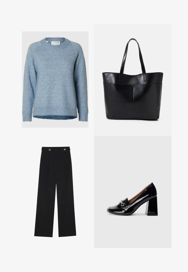 Sweater azul claro feito de um material de malha macio. Apresenta um decote redondo, mangas longas e punhos e barra em canelado. Design simples sem padrões.; Calças largas pretas com cintura alta, detalhes em botão na cintura e pregas frontais.; Sapato de salto alto em couro envernizado preto com bico apontado e salto bloco. Apresenta uma tira decorativa e detalhe de fivela no cabedal.; Bolsa tote preta em couro com duas alças longas, textura suave e forma estruturada. Apresenta um bolso frontal para armazenamento adicional.