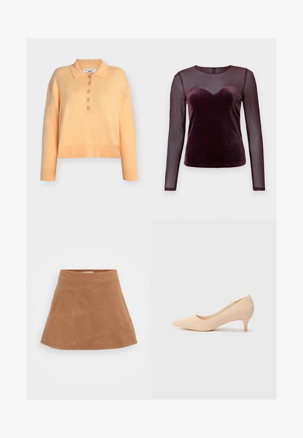 Light orange cropped polo sweater with a collar, five button placket, and ribbed hem and cuffs, made from a soft, knitted fabric.; Burgundy long-sleeve top featuring a velvet bodice with a heart neckline and sheer mesh sleeves, smooth texture, and fitted design.; Brown corduroy mini skirt with a flared design, featuring diagonal seams and a smooth texture. Flat waistband at the top.; Beige suede high-heeled pump with a pointed toe and a slim, 2-inch heel. Smooth texture with minimal detailing on the upper surface.