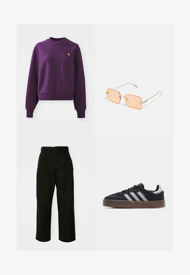 Lila Sweatshirt aus Baumwolle mit Rundhalsausschnitt und gerippten Bündchen. Es hat ein kleines gelbes Logo auf der Brust. Verkürztes Design.; Schwarze, weite Hosen aus strapazierfähigem Baumwollmaterial. Mit Knopfverschluss und Seitentaschen. Glatte Textur und maßgeschneiderter Abschluss.; Schwarze Sneakers mit einem schlanken Design, versehen mit drei weißen Streifen, einer schwarzen Zunge und einer strukturierten braunen Gummisohle. Akzente mit goldener Schrift.; Sonnenbrille mit goldenem Metallrahmen und rechteckigen orange getönten Gläsern. Auffällige dünne Bügel und subtile strukturierte Akzente in der Nähe der Scharniere.; Goldfarbene Ohrringe in Form von dünnen, runden Kreolen, mit einer glatten, metallischen Oberfläche und ohne Verzierungen oder Muster.