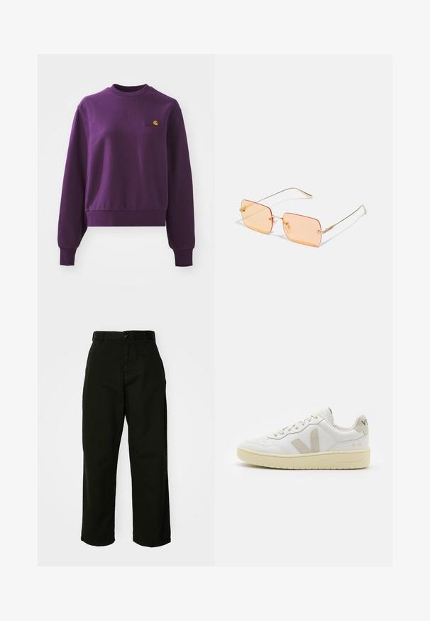 Ljubičasti dukserica od pamuka, s okruglim izrezom i rebrastim rukavima. Ima mali žuti logo na grudima. Skraćeni dizajn.; Crne hlače širokih nogavica izrađene od izdržljive pamučne tkanine. Sadrže zatvaranje na gumb i bočne džepove. Glatka tekstura i krojena završna obrada.; Bijele kožne tenisice s bež nubuk naglascima, perforiranim prednjim dijelom, ravnim čipkama i teksturiranom kremastom potplatom. Sadrži suptilni brend na pete.; Naočale s okvirom od zlatnog metala s pravokornim lećama narančaste nijanse. Odlikuju se tankim krakovima i suptilnim teksturiranim detaljima u blizini šarki.; Zlatne kružne naušnice, tanke i okrugle, s glatkom metalnom površinom bez ukrasa ili uzoraka.