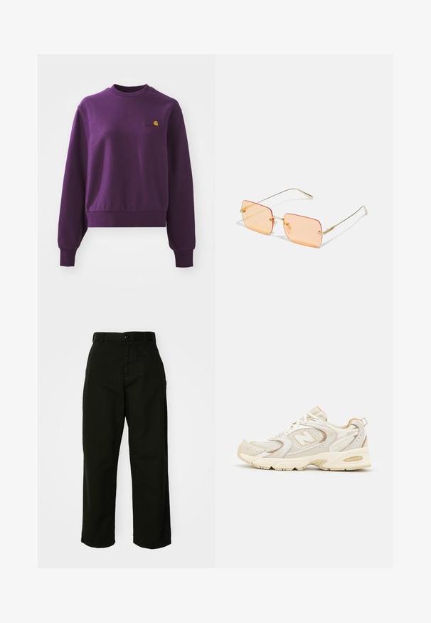 Violetti collegepaita, joka on valmistettu puuvillasta ja jossa on pyöreä kaula-aukko sekä resorit hihansuissa. Rintataskussa on pieni keltainen logo. Lyhennetty malli.; Mustat, leveälahkeiset housut kestävästä puuvillamateriaalista. Varustettu nappisulkimella ja sivutaskuilla. Sujuva pinta ja viimeistelty malli.; Beige urheilukengät, joissa on verkko- ja synteettiset päällysteet, kuvioitu pinta, pehmustettu varren alaosa ja "ABZORB"-pehmuste kantapäässä.; Kultaiset metallikehyksiset aurinkolasit suorakulmaisilla oranssilla sävytetyillä linsseillä. Eroavaisuutena ohut kehys ja huomaamattomat tekstuurikorostukset saranoiden lähellä.; Kultaiset rengaskorvakorut, ohuet ja pyöreät, joissa on sileä metallipinta ilman koristeluja tai kuvioita.