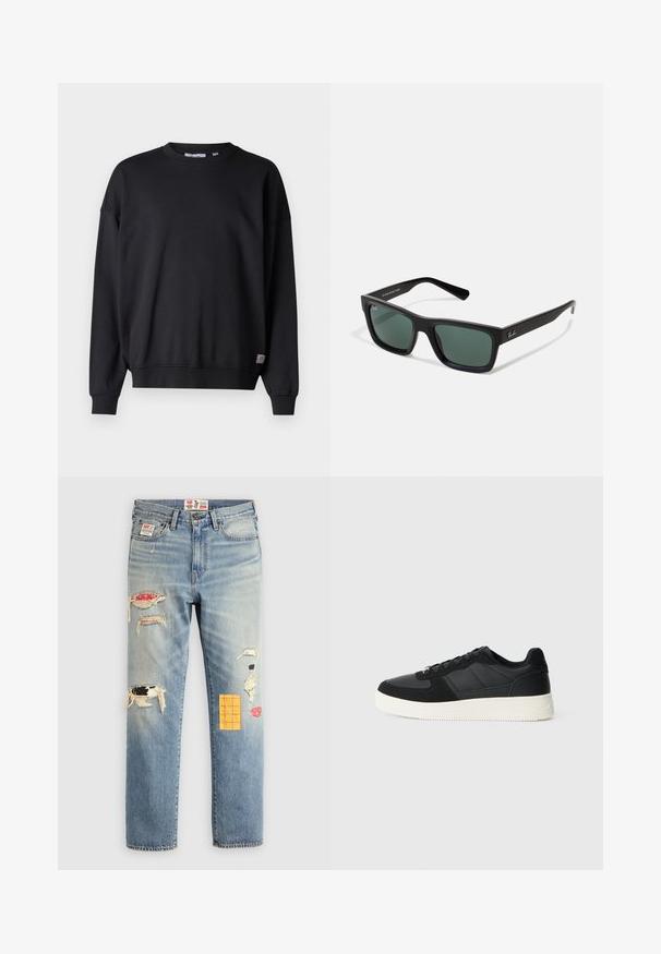 Zwarte sweatshirt met lange mouwen, ronde hals, ribgebreide manchetten en onderrand. Gemaakt van zacht materiaal, met een klein logo-patch aan de onderkant.; Lichtblauwe denim jeans met een relaxte pasvorm, voorzien van versleten patches in verschillende kleuren en patronen, waaronder oranje en rode accenten.; Zwarte low-top sneaker met gestructureerd leer en suède panelen, witte rubberen zool en zwarte veters op een effen lichte achtergrond.; Zwarte rechthoekige zonnebril met groene lenzen, voorzien van een matte afwerking, rechte pootjes en het Ray-Ban-logo aan de zijkant.