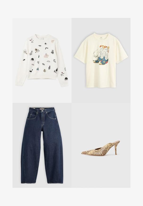 Maglione bianco lavorato a maglia con vari ricami colorati di animali e piante. Le maniche e l'orlo a coste aggiungono texture.; T-shirt bianco in cotone con una grafica di stivali da cowboy e un cappello. Gli stivali sono blu con dettagli gialli e bianchi.; Jeans in denim blu scuro con una vestibilità ampia, cuciture chiare, cinque tasche e chiusura con bottone in vita.; Décolleté a punta con cinturino posteriore in un motivo effetto serpente testurizzato con tonalità beige e marrone; presenta un tacco a stiletto e aperture laterali.