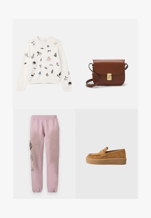 Weißer, gestrickter Pullover mit verschiedenen bunten gestickten Motiven von Tieren und Pflanzen. Gerippte Bündchen und Saum verleihen Struktur.; Rosa Sweatpants mit elastischem Bund, verziert mit dekorativen Patches in Diamantform auf der linken Seite und elastischen Bündchen an den Knöcheln.; Brauner Wildleder-Loafer mit runder Zehenform, ausgestattet mit einer gerippten Plattformsohle und einem dekorativen Riemen über dem Obermaterial.; Braune Ledertasche mit Klappenverschluss, Beschlägen in Goldfarbe, einem Schultergurt und einer glatten Oberfläche. Kompakte rechteckige Form.