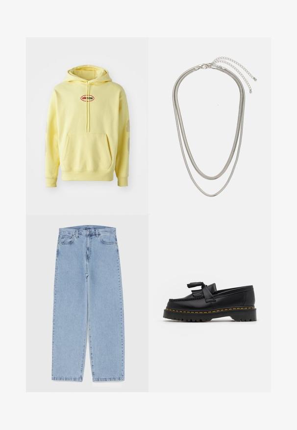 Žlutá mikina s kapucí vyrobená z měkké tkaniny, se středovým červeným a černým logem "air max" a jemnými akcenty na rukávech.; Světle modré džíny s rovnými nohavicemi, středním pasem, pěti kapsami a zapínáním na knoflík a zip.; Černé kožené mokasíny s třásněmi, se silnou černou podrážkou a žlutým prošíváním podél okraje. Texturovaný povrch.; Vícevrstvý stříbrný kovový náhrdelník s elegantními, flexibilními řetízky s jemným leskem, zabezpečený karabinkou a nastavitelným řetízkem.