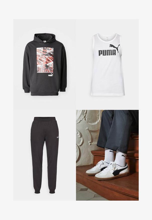 Schwarzer Kapuzenpullover mit einem grafischen Druck, der rot-weißen Text und Muster zeigt; weicher Stoff, gerippte Bündchen und Saum.; Weißes Baumwoll-Top mit großem schwarzen "PUMA"-Logo und einem Emblem eines springenden Pumas. Rundhalsausschnitt und ärmelloses Design.; Schwarze Jogginghosen aus weichem Stoff, mit elastischem Bund, gebündelten Knöcheln und einem dezenten Logo auf dem linken Oberschenkel.; Puma-Sneaker aus weißem und schwarzem Wildleder mit einer braunen Gummisohle. Kombiniert mit weißen Socken, die ein schwarzes Logo zeigen, getragen zu dunklen Hosen.