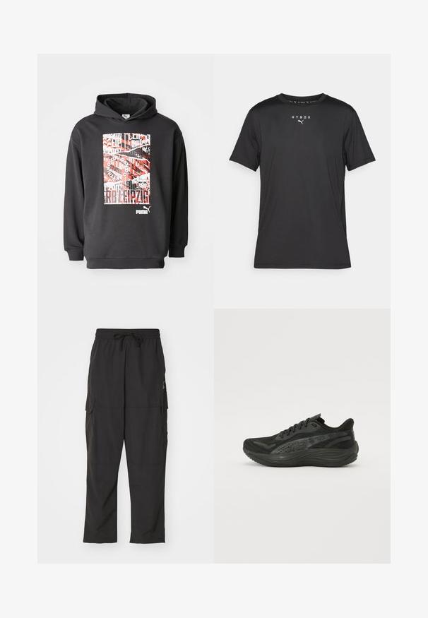 Schwarzer Kapuzenpullover mit einem grafischen Druck, der rot-weißen Text und Muster zeigt; weicher Stoff, gerippte Bündchen und Saum.; Schwarz kurzes Sport-T-Shirt aus leichtem Stoff. Mit Rundhalsausschnitt und bedrucktem "HYROX"-Logo sowie Puma-Emblem auf der Vorderseite.; Schwarze Cargo-Hosen mit elastischem Bund und Kordelzug. Sie verfügen über zwei Seitentaschen und ein glattes, leichtes Gewebe.; Schwarzer Sportschuh mit Obermaterial aus strukturiertem Mesh, flachen Schnürsenkeln und einer gepolsterten Sohle mit dezenten reflektierenden Akzenten.