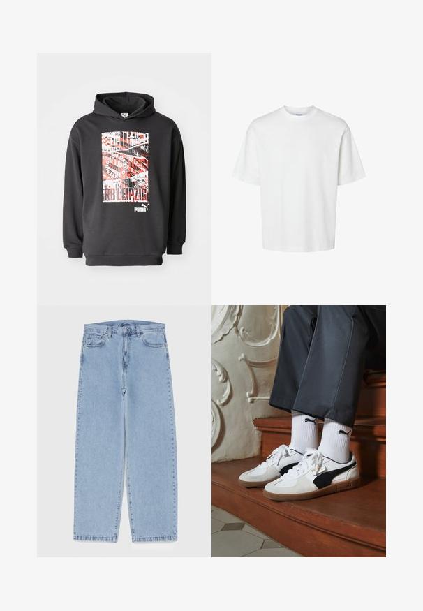 Sudadera negra con capucha y una impresión gráfica que presenta texto y patrones en rojo y blanco; fabricada en tejido suave, con puños y dobladillo de canalé.; Camiseta blanca de algodón con mangas cortas, escote redondo y un corte relajado. Textura suave sin patrones o acentos visibles.; Jean de mezclilla azul claro con diseño de pierna recta, con una cintura de altura media, cinco bolsillos y un cierre de botón y cremallera.; Zapatillas Puma en gamuza blanca y negra, con una suela de goma marrón. Combinadas con calcetines blancos que muestran un logo negro, llevados con pantalones oscuros.