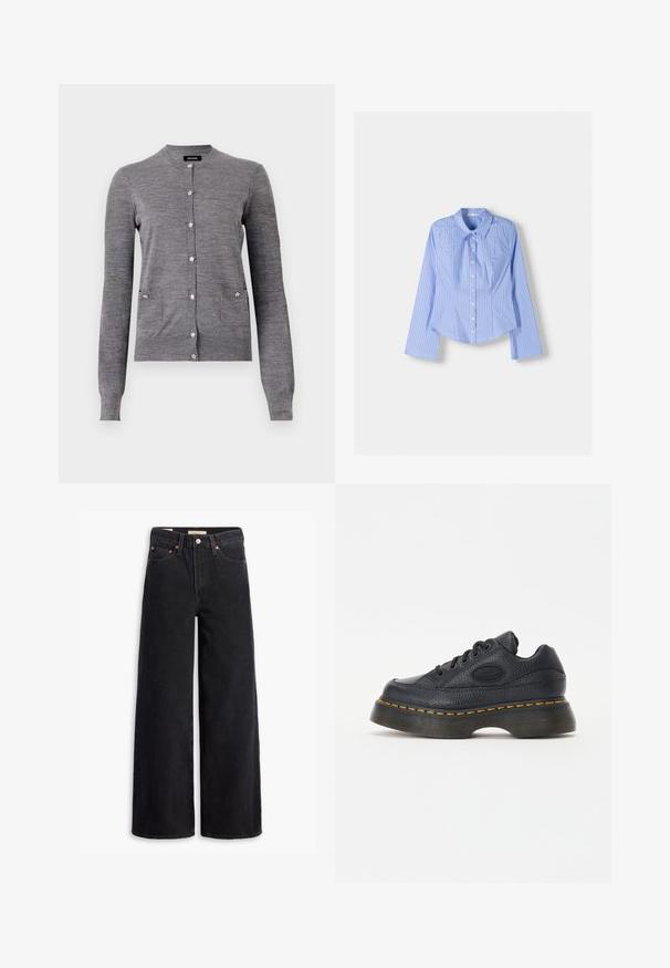 Cardigan grigio realizzato in morbido tessuto lavorato a maglia, con colletto rotondo, maniche lunghe, bottoni a forma di stella e due tasche frontali.; Camicia a maniche lunghe con bottoni a righe blu e bianche, colletto all'inglese, vestibilità aderente e orlo curvato. Materiale in cotone strutturato.; Jeans neri a gamba larga in denim, dotati di cinque tasche, rivetti in rame e chiusura con bottone classico. Texture liscia con un design pulito.; Sneaker in pelle nera con finitura texturizzata, punta rotonda e suola piatta spessa. Presenta cuciture di accento giallo e logo laterale del marchio.