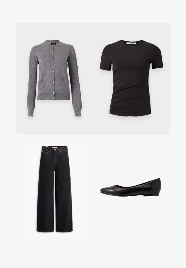 Grijze cardigan van zachte brei-stof, met een ronde kraag, lange mouwen, stervormige knopen en twee voorzakken.; Zwarte korte mouwen t-shirt van zachte stof, met een ronde hals en geplooide details aan de linkerkant voor een subtiele textuur.; Zwarte brede jeans gemaakt van denim, met vijf zakken, koperen klinknagels en een klassieke knoopsluiting. Glad van textuur met een strakke uitstraling.; Zwarte ballerina van glanzend leer met een ronde neus en een lage, platte zool. Heeft een gladde textuur met een eenvoudig en strak design.