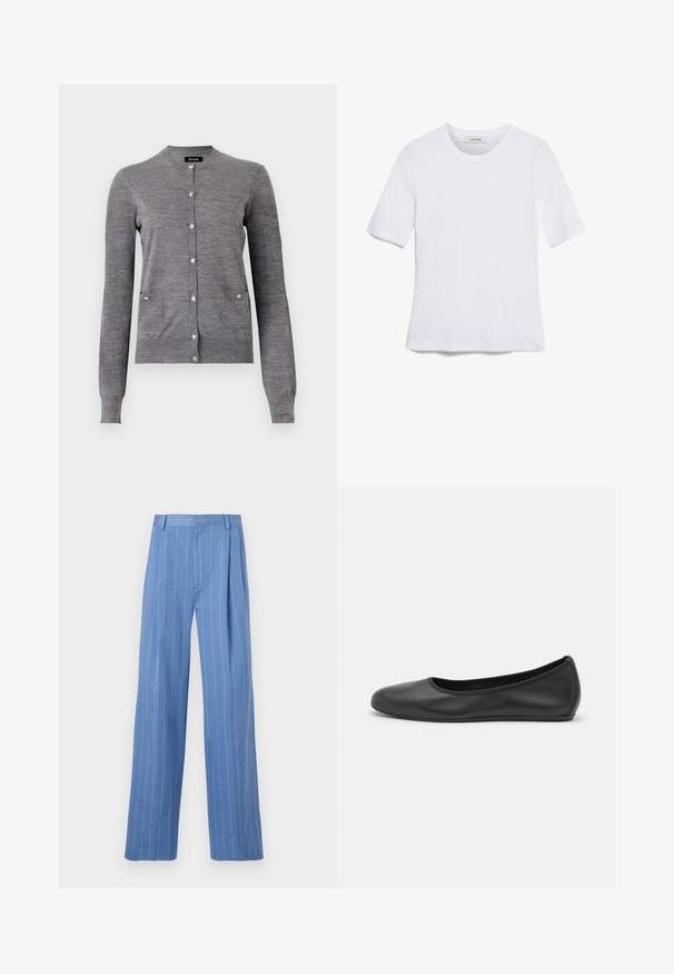 Grå cardigan laget av mykt strikket stoff, med rund krage, lange ermer, stjernes-formede knapper og to frontlommer.; Hvit kortermet t-skjorte laget av ribbestrikket materiale. Rund hals, vanlig passform og subtile sømdetaljer. Ingen mønstre eller grafikk.; Lyseblå vide bukser med vertikale hvite striper. Laget av glatt materiale, med forkant-falte og et rent midjebånd-design.; Svart skinnballettflatt med rund tå, glatt tekstur, minimal sømdetalj, og et fleksibelt såledesign.