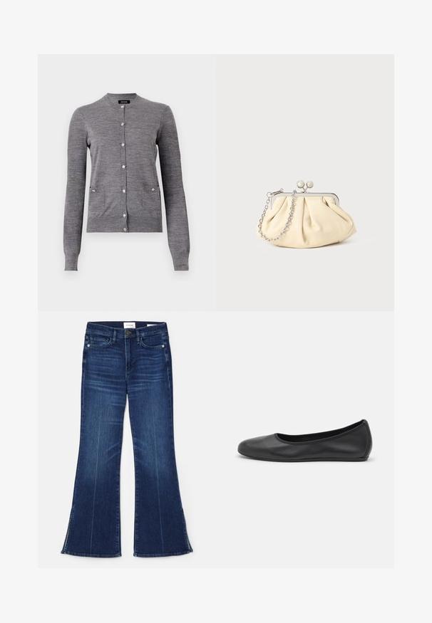 Szary kardigan wykonany z miękkiej dzianiny, z okrągłym kołnierzem, długimi rękawami, guzikami w kształcie gwiazd i dwiema przednimi kieszeniami.; Ciemnoniebieskie dżinsy z rozszerzanymi nogawkami, wykonane z denimu. Posiadają wysoki stan, przednie kieszenie i rozcięcia na dole nogawek. Klasyczny pięciokieszeniowy fason.; Czarne skórzane baletki z zaokrąglonym noskiem, gładką fakturą, minimalnymi przeszyciami i elastycznym designem podeszwy.; Złożona beżowa skórzana kopertówka z srebrną metalową ramą, z dwoma okrągłymi dekoracyjnymi zapięciami i srebrnym łańcuszkiem.