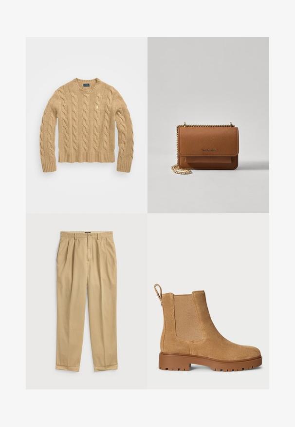 Polo Ralph Lauren CLASSIC LONG SLEEVE - Strikkegenser - camel melange; Lysebeige bomullsbukser med et avslappet snitt, som har frontfold, sidelommer og oppbrettet kant.; Tan foret Chelsea-støvler med elastiske sidestykker, en tyk brun gummisål og en løkke bagpå.; Brun teksturert lær crossover-veske med gullkjede-stropp og klaffelukking. Fronten har logo-detalj og en lomme under klaffen.