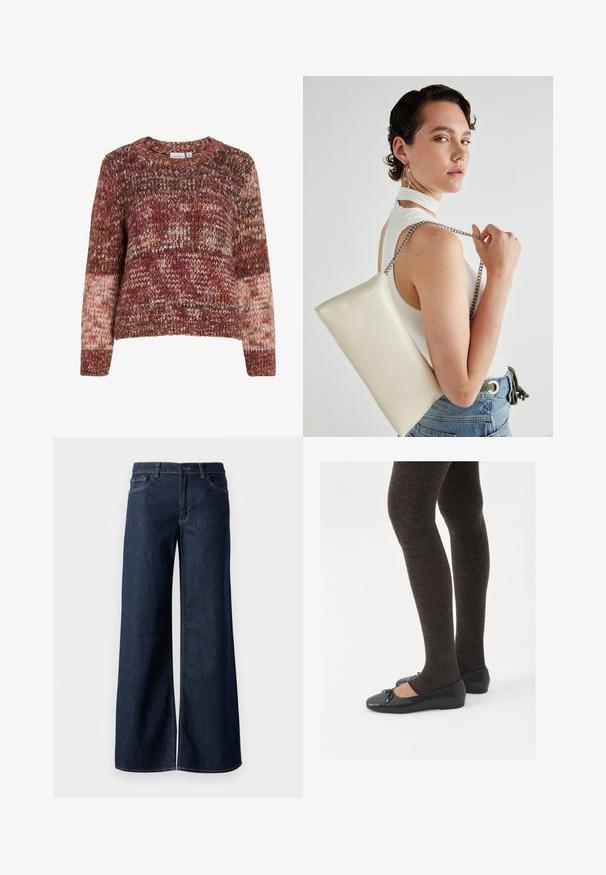 Pleteni pulover v mešanih odtenkih rdeče, oranžne in smetane. Ima okroglo izrezan ovratnik, dolge rokave in teksturiran vzorec po celotni površini.; Široke hlače iz temnega modrega denima. Imajo kontrastno šivanje, pet žepov in gumbasto zapiranje v pasu. Gladka tekstura.; Črne ravne čevlje z majhnim lokom na prstih, v kombinaciji s temno rjavimi rebrastimi nogavicami. Čevlji imajo gladko teksturo in nizko obliko.; Bela pravokotna torbica za ključe iz sijajnega materiala, opremljena s srebrno verižico. Model pozira in prikazuje torbico na enobarvni podlagi.