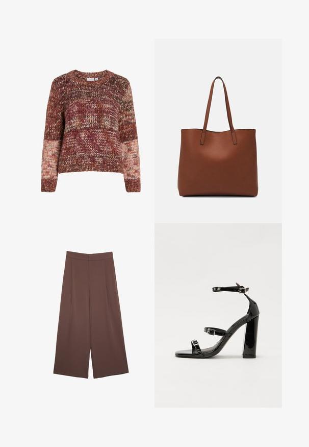 Pletený svetr v mixu odstínů červené, oranžové a krémové. Má kulatý výstřih, dlouhé rukávy a strukturovaný vzor po celém povrchu.; Hnědé široké kalhoty s hladkou texturou, vysokým pasem a předními záhyby. Materiál je lehký a volně splývá.; Černé lakované sandály na podpatku se čtveratou špičkou, lýtkovými pásky a stříbrnými přezkami. Disponují masivním blokovým podpatkem pro stabilitu.; Hnědá kožená taška přes rameno s hladkou texturou, otevřeným designem a dvěma ramenními popruhy. Obsahuje minimální švy a žádné viditelné kovové prvky.