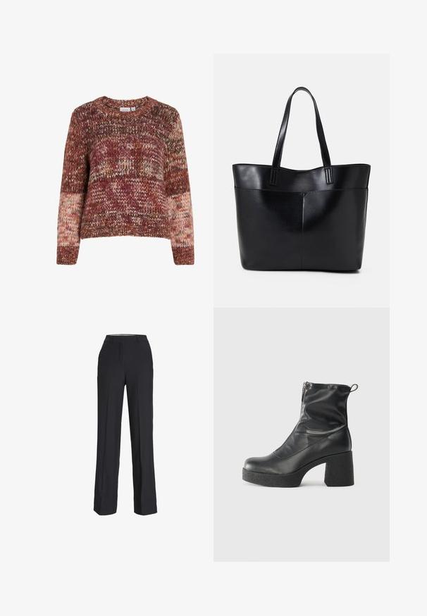 Strickpullover in gemischten Farbtönen von Rot, Orange und Creme. Verfügt über einen Rundhalsausschnitt, lange Ärmel und ein strukturiertes Muster.; Schwarze, hochtaillierte Hose mit geradem Bein. Aus einem glatten Stoff gefertigt, mit vorderen Falten und Seitentaschen.; Schwarze Stiefeletten aus glattem Leder mit seitlichem Reißverschluss, klobigem strukturiertem Absatz und runder Zehenform.; Schwarze Leder-Shopper-Tasche mit zwei langen Griffen, einer glatten Textur und einer strukturierten Form. Verfügt über eine Vordertasche für zusätzlichen Stauraum.