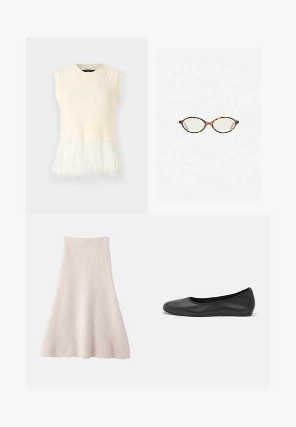 Mouwloos gebreid topje in crème, met een textuur in het lijf en een zachte, pluizige zoom. De halslijn is rond met ribbeldetails.; Een lichtbeige A-lijnrok van zacht, gestructureerd materiaal, met een gladde tailleband en een vloeiende silhouet.; Zwarte leren ballerina met een ronde neus, gladde textuur, minimale stikdetails en een flexibele zoolontwerp.; Kattenoogbril met ovale lenzen en een strakke, gladde afwerking. Heeft dunne zijkanten met een subtiele kromming bij de slapen. Transparante lenzen.