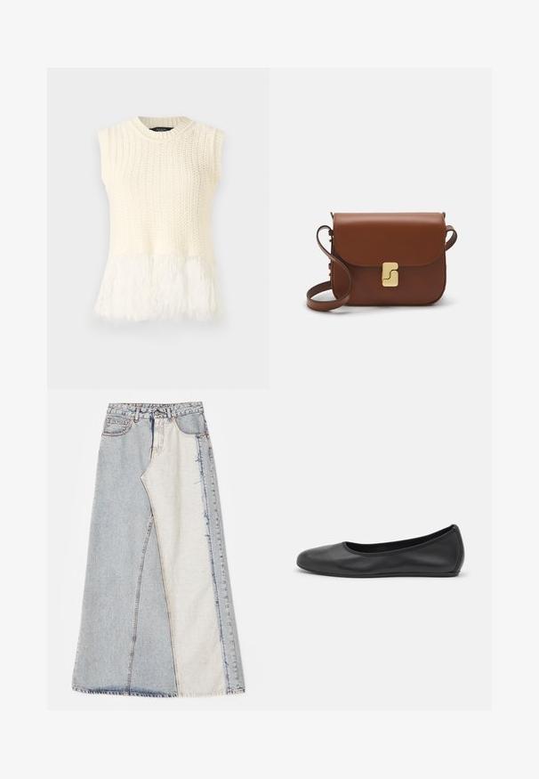 Ærmeløs strikket top i creme, med en struktureret krop og en blød, fluffy kant. Udhulingen er rund med ribbet detaljering.; Denim nederdel med patchwork design bestående af lyse og mellemblå sektioner, frayed kanter og høj talje. Klassisk fem-lomme stil.; Sort læderballetsko med rund tå, glat tekstur, minimal syning og et fleksibelt såldesign.; Brun læder håndtaske med flaplukning, hardware i gyldent tone, en skulderrem og en glat overflade. Kompakt rektangulær form.