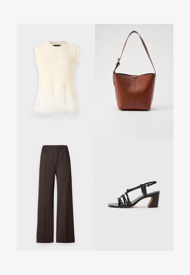 Sleeveless knitted top in cream, featuring a textured body and a soft, fluffy hemline. The neckline is round with ribbed detailing.; Wide-leg trousers in dark brown fabric with an elastic waistband, featuring a smooth texture and clean lines for a tailored look.; Paul Smith AMIRA - Classic heels - black; Brown leather shoulder bag with a curved shape, smooth texture, and a single thin strap. Features a subtle seam and a small logo detail.