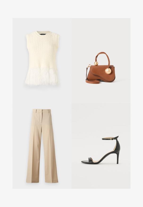 Ärmelloses gestricktes Oberteil in Creme, mit einem strukturierten Körper und einem weichen, flauschigen Saum. Der Ausschnitt ist rund und mit Rippendetails versehen.; Beige weite Hosen aus glattem Stoff, mit einem flachen Vorderteil mit Falten, einem Reißverschluss und Gürtelschlaufen. Insgesamt eine taillierte Passform.; Schwarze Leder-high-heeled Sandale mit Knöchelriemen. Verfügt über eine glatte Textur, offene Zehen und einen dünnen Absatz. Goldfarbener Schnallenakzent.; Braune Lederhandtasche mit wellenförmigem Design, ausgestattet mit zwei kreisförmigen goldenen Akzenten und einem abnehmbaren Schulterriemen für vielseitigen Tragekomfort.