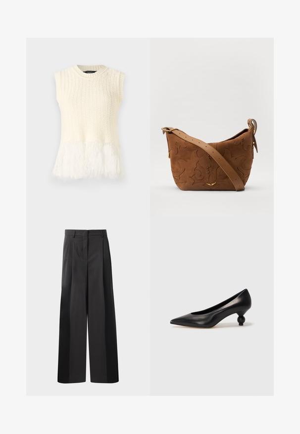 Hihaton neulepaita vaaleassa sävyssä, jossa on teksturoitu vartalo ja pehmeä, pörröinen helma. Kaula-aukko on pyöreä ja siinä on ribbausdetailia.; Mustat, leveälahkeiset housut korkealla vyötäröllä, etupleiteillä, sileällä pinnalla ja huolitellulla viimeistelyllä. Suunniteltu rentoon istuvuuteen.; Musta nahkakengät korkealla korolla, joissa on terävä kärki ja pyöreä, pallomainen korko. Sileä pinta ja tyylikäs, minimalistinen muotoilu.; Ruskea mokkasiiniolkalaukku, jossa on kohokuvioitu kukkakuvio, jota täydentävät sileä ruskea nahkaremmi ja kultasävyiset yksityiskohdat.