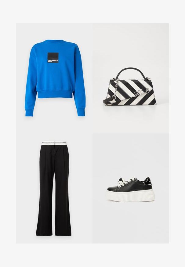 Kuttet blå hettegenser laget av myk stoff, med en svart firkantet logo med hvit tekst, ribbede mansjetter og halslinning.; Sorte bukser med avslappet passform, med hvit elastisk midjebånd med merkevare. Laget av glatts materiale med en lett glans.; Svart lær sneaker med en tykk hvit ribbesol, som har hvite skolisser og en dekorativ sløyfeaccent på tungen.; Svart- og hvitstripet håndveske med en strukturert form, som har et topphåndtak, en avtakbar kjedestropp, og metallisk logo-akcent.