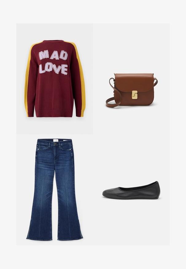 Gebreide sweater in bordeaux met gele schouderstreepjes. Bevat "MAD LOVE" in textuur, gestikte letters. Geribbelde manchetten en zoom.; Witte korte mouwen t-shirt van ribstof. Ronde halslijn, normale pasvorm en subtiele stiksels. Geen patronen of grafische elementen.; Donkerblauwe uitlopende jeans gemaakt van denim. Beschikt over een hoge taille, voorzakken en splitdetails aan de zoom. Klassiek vijfzakontwerp.; Zwarte leren ballerina met een ronde neus, gladde textuur, minimale stikdetails en een flexibele zoolontwerp.; Bruine leren handtas met een klep sluiting, gouden hardware, een schouderband en een gladde textuur. Compact rechthoekige vorm.