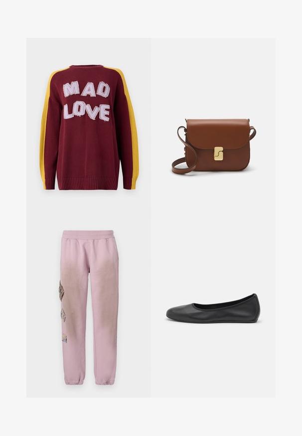 Sweter dzianinowy w burgundowym kolorze z żółtymi paskami na ramionach. Posiada napis "MAD LOVE" w teksturowanych, haftowanych literach. Rybkowane mankiety i dół.; Biała koszulka krótki rękaw wykonana z materiału prążkowanego. Okrągły dekolt, regularny krój i subtelne detale szwów. Bez wzorów ani grafik.; Różowe dresy z elastycznym pasem, zdobione dekoracyjnymi łatkami w kształcie diamentów po lewej stronie oraz elastycznymi mankietami na kostkach.; Czarne skórzane baletki z zaokrąglonym noskiem, gładką fakturą, minimalnymi przeszyciami i elastycznym designem podeszwy.; Brązowa skórzana torebka na ramię z klapką, złotymi detalami, paskiem na ramię i gładką teksturą. Kompaktowy prostokątny kształt.