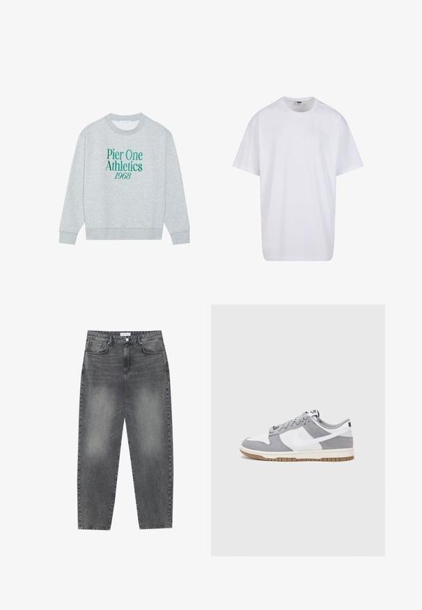 Sivý sveter s kruhovým výstrihom, na prednej strane s zeleným vyšitým textom: "Pier One Athletics 1968". Dlhé rukávy, rebrované manžety.; Biela bavlnená tričko s krátkymi rukávmi, okrúhlym výstrihom, uvoľneným strihom a žiadnymi viditeľnými logami alebo vzormi. Hladká textúra a minimálny dizajn.; Vysoké, voľné džínsy z vyblednutého čierneho denimu. Obsahujú päť vreciek, pútka na opasok a čistý, rovný strih nohavíc.; Sivé a biele tenisky s vrchom z semišu a kože, zaoblenou špičkou, plochými šnúrkami a gumovou podrážkou s akcentom vo farbe gumy.