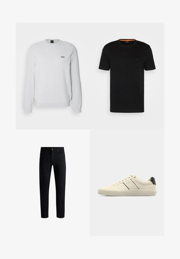 Balta crew neck džemperis, izgatavots no strukturēta dzijas auduma. Tam ir mazs melns "BOSS" logo krūtīs un ribota apkakle un apkakles mala.; Melnā T-kreklu ar īsām piedurknēm, kas izgatavots no mīksta auduma, ar apaļu kakla izgriezumu un diskrētu logotipu priekšpusē. Iekšējā apkakle ar oranžu akcentu.; Melnas šauras piegriezuma džinsi ar piecām kabatām, pogu aizdari un jostu cilpām, attēloti uz baltas fona.; Krēmkrāsas sporta apavi ar gludu tekstūru, ar melniem akcentiem un zīmolu. Klasisks aukliņu dizains ar apaļu purngalu un gumijas zoli.
