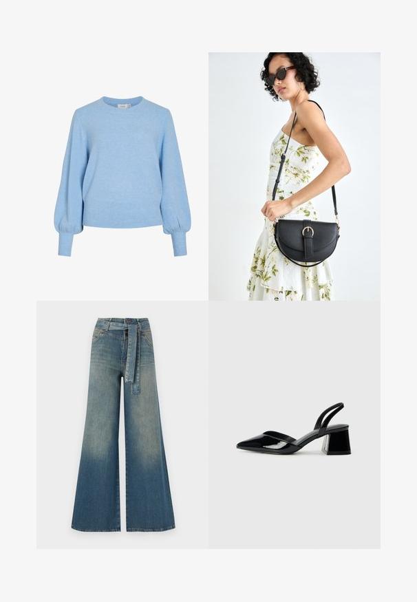 Világoskék kötött pulóver, kerek nyakkivágással, hosszú puffos ujjakkal, bordázott mandzsettával és szegéllyel. Puha tapintás, laza fazon.; Bőszárú farmernadrág, világos és sötétkék árnyalatokkal, magas derekú, övgyűrűkkel és a nadrággal megegyező anyagú övvel. Textúrált farmer kivitel.; Fekete lakk bőr szandálkés magas sarkú cipő, hegyes orral és geometrikus tömbsarkakkal. Karcsú, minimalista dizájn és sima textúra jellemzi.; Fekete bőrtáska ívelt formával, levehető pánttal és arany színű fémrészekkel. A táskán egy csattal díszített fedél található.