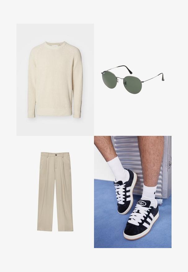 Lichtbeige pullovertrui met een ribbelstructuur, ronde halslijn en lange raglanmouwen. Zijsplitten aan de onderkant voor extra bewegingsvrijheid.; Beige broek met een rechte snit, voorzien van een enkele zwarte knoop, riemlussen en zijzakken. Glad stoffen textuur en een minimalistisch ontwerp.; Zwarte suède sneakers met witte veters en drie witte strepen. Heeft een cirkelvormig zwart logo op de tong en een gumrubberen zool.; Metalen zonnebril met ovale groene lenzen. Dunne zilveren metalen rand en zwarte oorstoppers. Minimalistisch ontwerp, zonder zichtbare logo's.