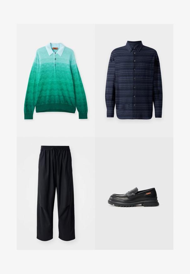 Knit polo shirt with a gradient pattern from light teal to dark green, featuring a ribbed collar, three buttons, and long sleeves.; Navy button-up shirt with a zigzag pattern, long sleeves, standard collar, and buttons along the front. Textured fabric finish.; Henrik Vibskov DRAWSTRING PANTS - Trousers - tropical black; Black leather loafers with a rounded toe, low heel, and thick, textured rubber sole. Features a stitched accent and a small logo on the side.