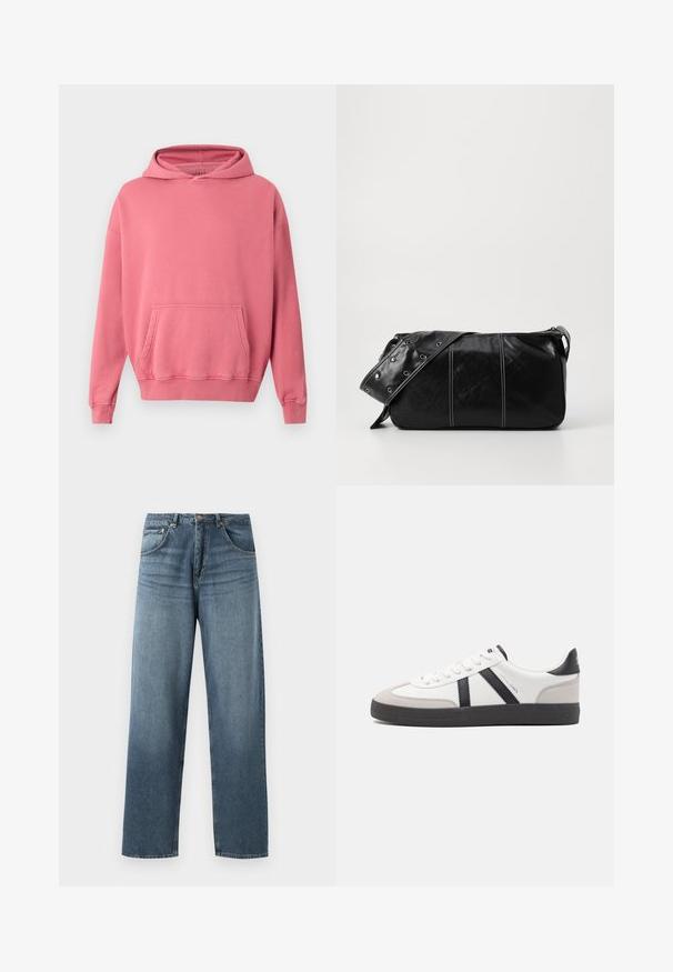 Ružová mikina s kapucňou a kengurím vreckom, s rebrovanými manžetami a spodným okrajom. Vyrobená z mäkkej, textúrovanej látky. Jednoduchý dizajn, bez viditeľných log alebo vzorov.; Džíny z modrej denimovej látky s rovným strihom a vyblednutým umývaním, s piatimi vreckami, kovovým gombíkom a pútkami na opasok. Pevná, stredne ťažká tkanina.; Biele tenisky s čiernymi a šedými akcentmi, s textúrovanou šedou špičkou, čiernou gumovou podrážkou a plochými bielymi šnúrkami. Čistý dizajn, minimalistický štýl.; Čierna kožená kabelka cez plece so zipsovým uzáverom, so štruktúrovaným telom, bielym prešívaním a popruhom so striebornými očkami.