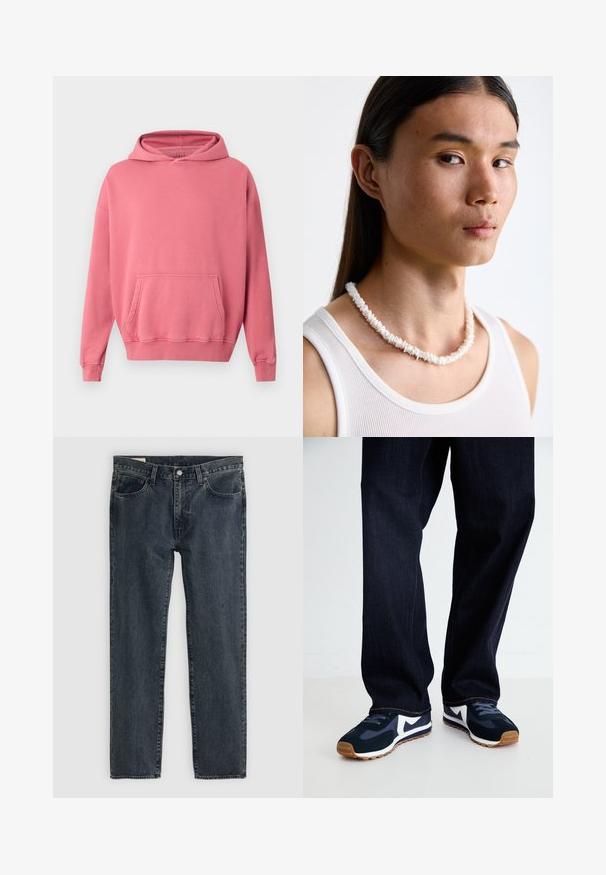 Pink hooded sweatshirt with a kangaroo pocket, ribbed cuffs, and hem. Made from soft, textured fabric. Simple design, no visible logos or patterns.; Dark blue denim jeans with a straight leg design, five pockets, and a button-fly closure. The fabric shows a subtle fade and texture.; Navy and white athletic shoes with a textured upper, laces, and rubber sole, paired with dark denim pants with orange stitching.; White shell necklace composed of irregular shapes, worn over a fitted white tank top. Smooth texture with subtle sheen, close-fitting design.