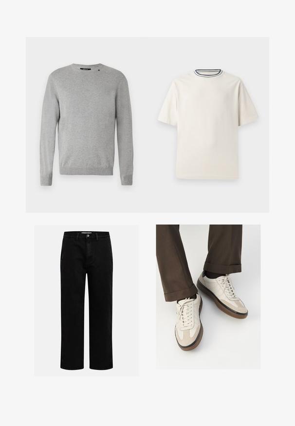 Lys grå genser med lange ermer, rund hals, strikket tekstur og et enkelt design med en liten logo over venstre skulder.; Kremfarget bomulls T-skjorte med korte ermer, med rund halskant pyntet med marineblå og hvite striper. Glatt tekstur, avslappet passform.; Svarte denimbukser med rett benkutt, klassisk fem-lomme design og knappelukking i livet. Glatt tekstur og slitesterkt stoff.; Beige sneakers med teksturert semsket front, glatte skinnsider og en brun gummisåle. Snører og lys syddetalj inkludert.