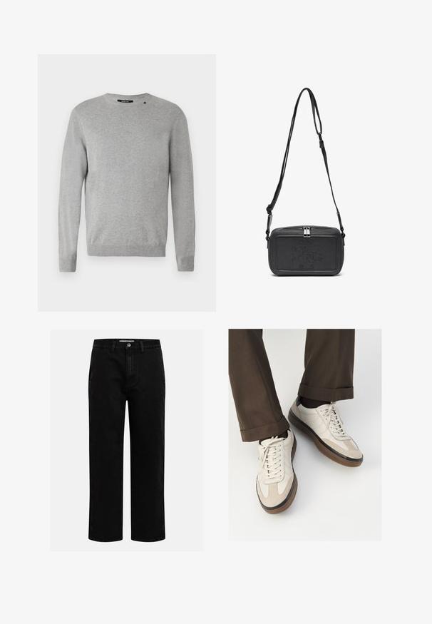 Világosszürke pulóver hosszú ujjakkal, kerek nyakkivágással, kötött textúrával és egyszerű dizájnnal, egy kis logóval a bal váll fölött.; Fekete farmernadrág egyenes szabással, klasszikus öt zsebes kialakítással és gombos derékkal. Simább textúra és tartós anyag.; Beige sportcipők, texturált velúr elülső résszel, sima bőr oldalakkal és barna gumitalppal. Fűzők és világos varrási részletek is megtalálhatók.; Fekete bőrből készült keresztbe hordható táska cipzáras záródással, dombornyomott logóval az elején és állítható pánttal. Simább textúrájú, téglalap alakú.