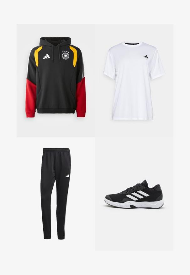 Black hoodie with red and yellow accents, featuring a front pocket, drawstring hood, and German football emblem with three stars.; White athletic t-shirt with short sleeves, made from moisture-wicking fabric. Features a black logo on the left chest and a patterned interior neckline.; Black athletic pants with a stretchy waistband, white side stripes, and a small white logo on the thigh. Made from a smooth, lightweight material.; Black athletic shoes with a textured mesh upper, white accent stripes, a cushioned sole, and a reinforced heel for support.